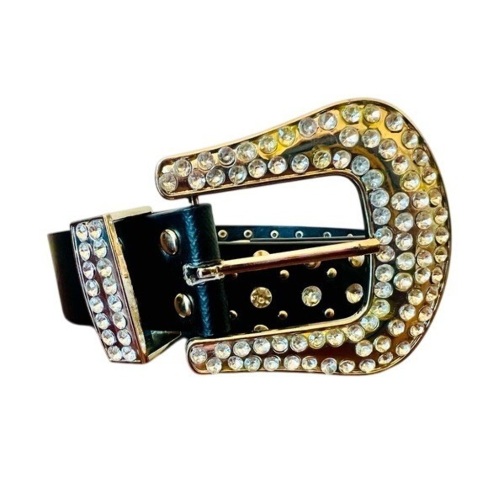 Western Rhinestone Studded Belt Black Faux Leather‎ Silver Crystal Buckle 37.5"
